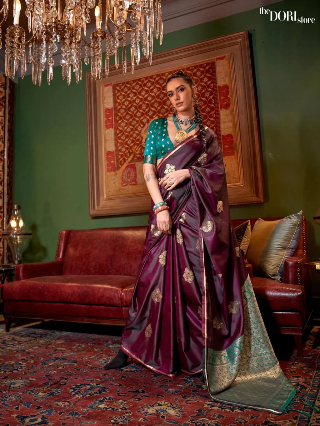 Dark Wine Purple Pure Satin Silk Saree with Contrast Blouse - party wear saree