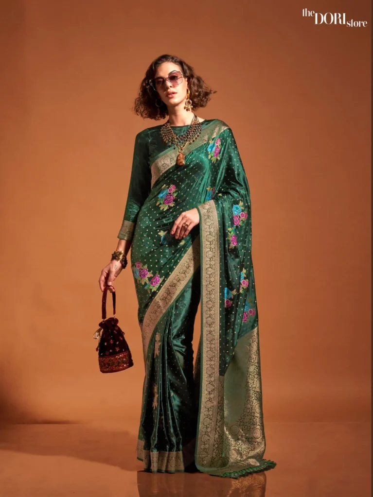 Royal Forest Green Partywear Handloom Satin Silk Saree - party wear saree