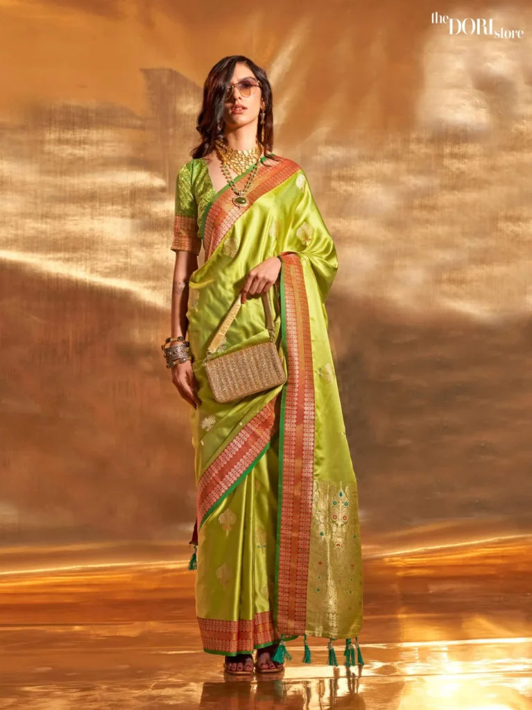 Bright Green Woven Soft Banarasi Satin Silk Saree - party wear saree