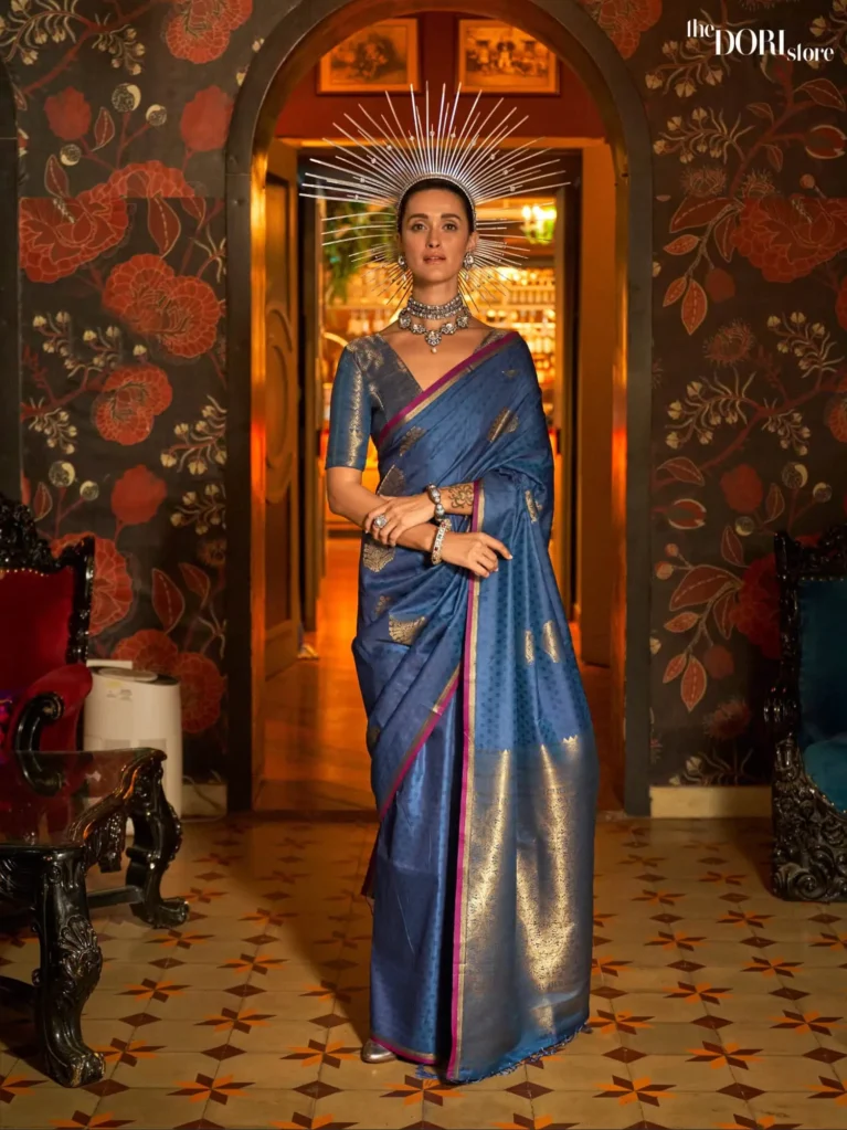 Denim Blue Handloom Banarasi Silk Saree - party wear saree