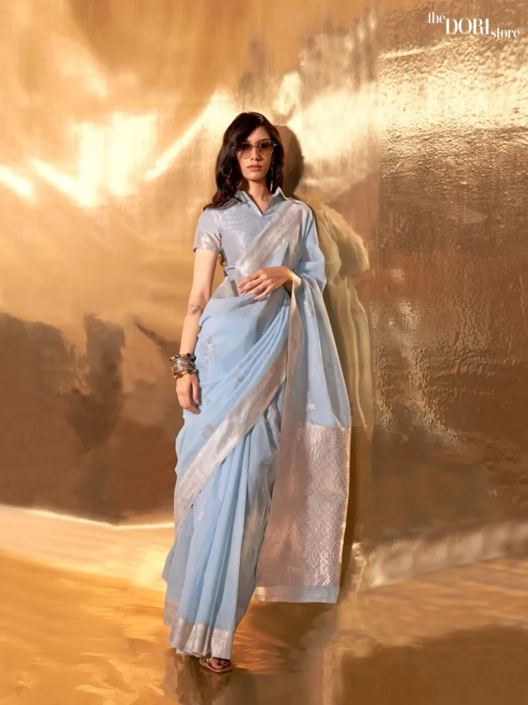 Pastel Blue Festive Woven Linen saree Saree - party wear saree