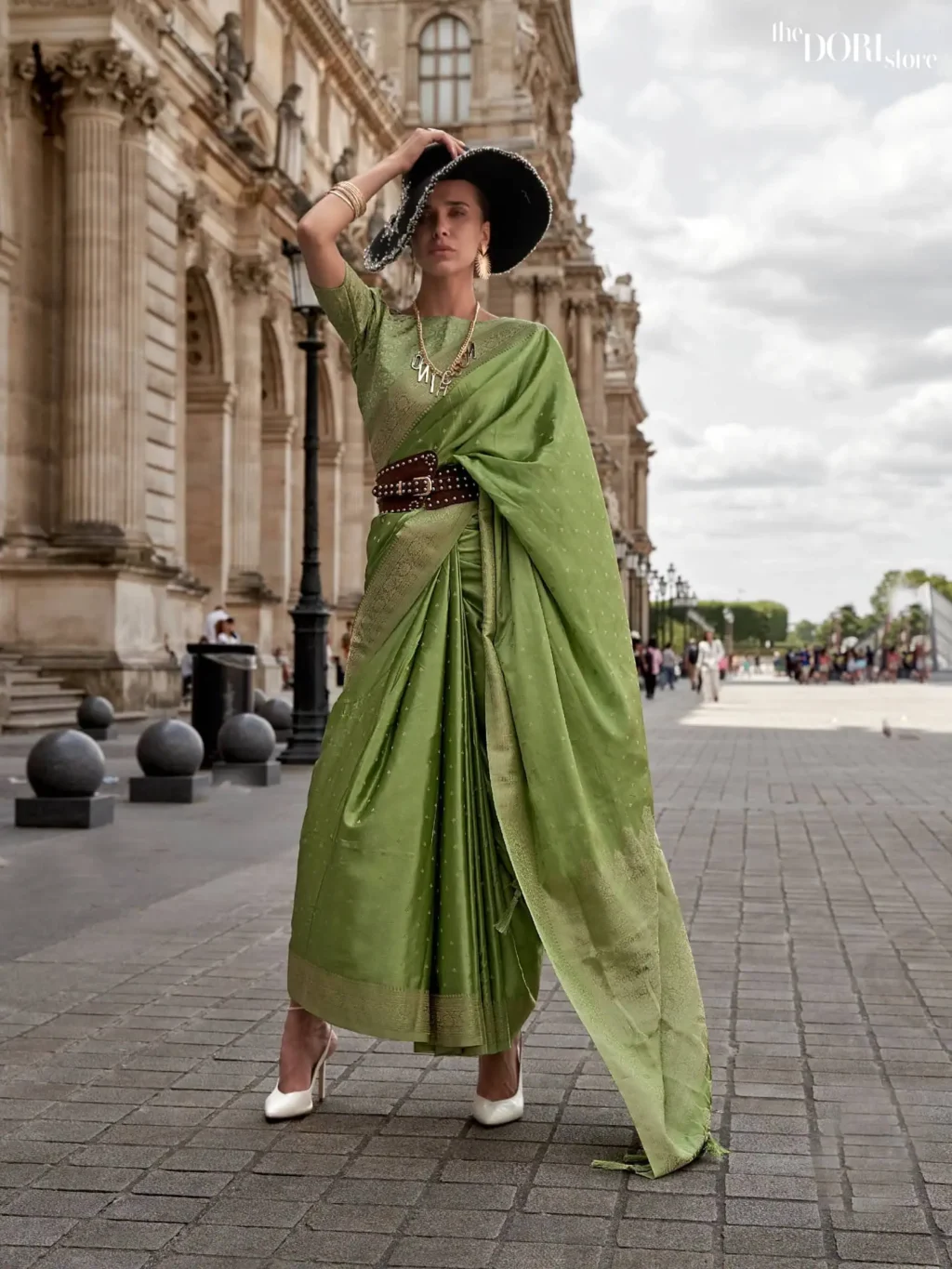 Spring Green Pure Satin Nylon Handloom Woven Silk Saree - party wear saree
