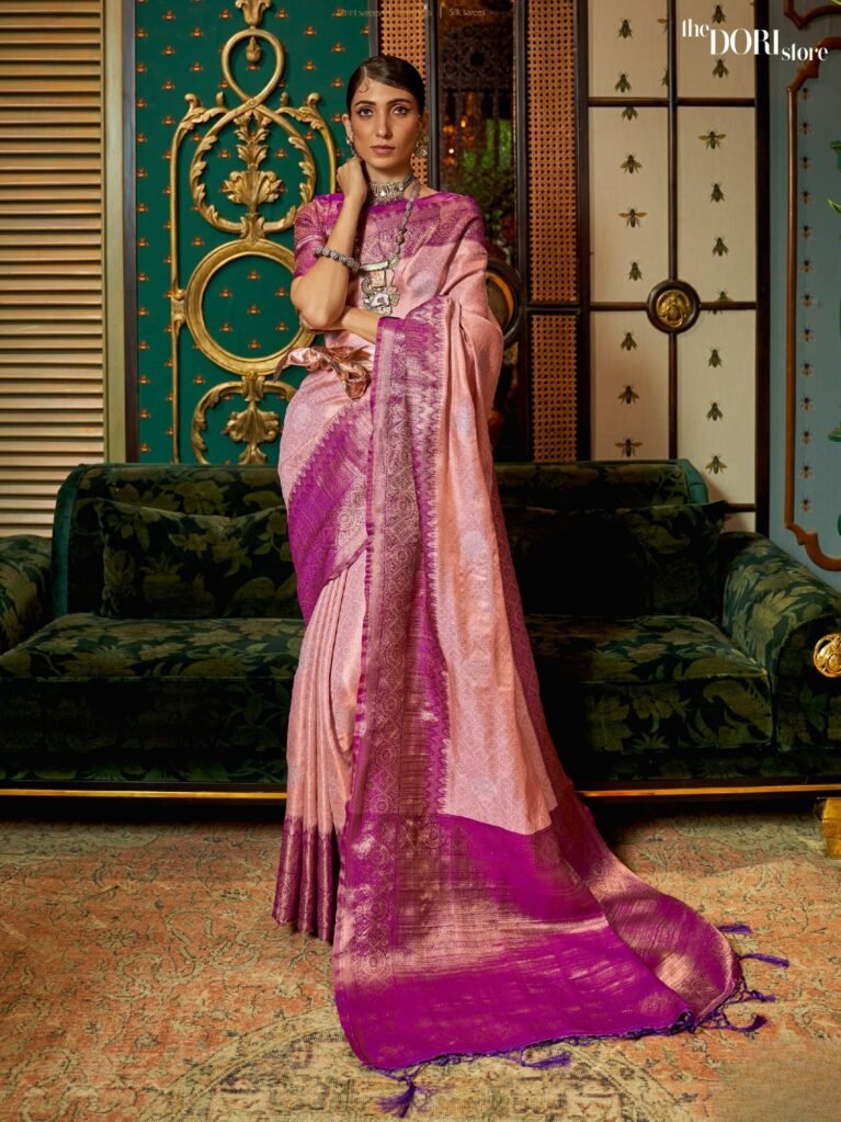 Purplish Peach Pink Ethnic Wear Kanjeevaram Silk Saree - party wear saree