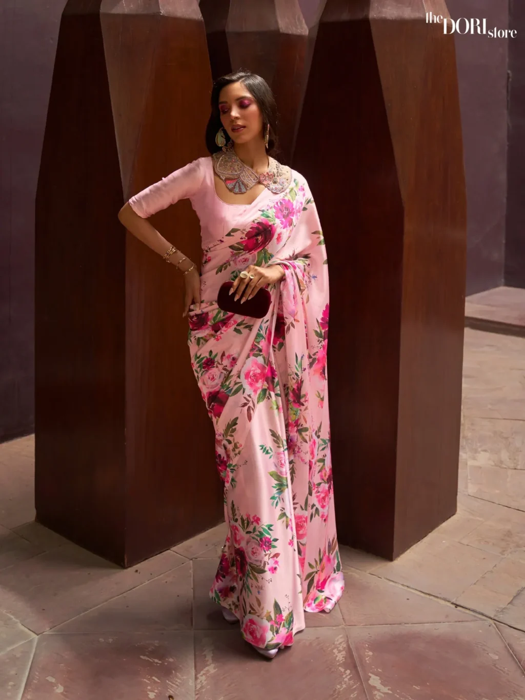 Pink Digital Print Satin Crepe Silk Saree - party wear saree