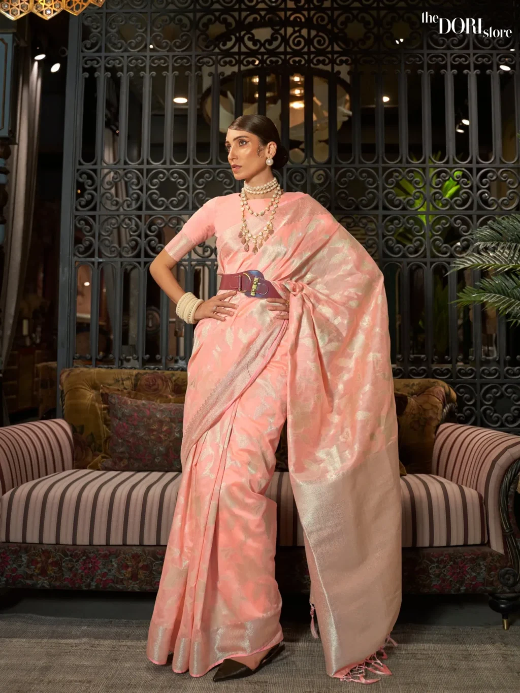 Ethnic Peach Pink Zari Woven Banarasi Silk Saree - party wear saree