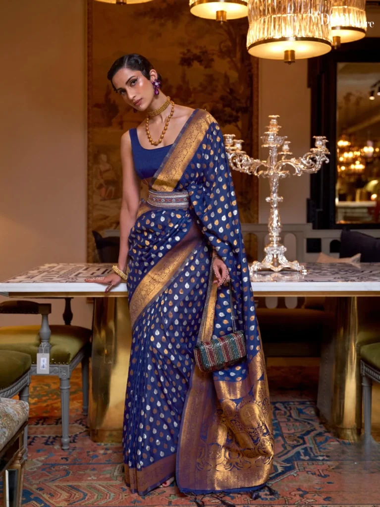 Ethnic Designer Blue Pure Khadi Zari Woven Silk Saree - party wear saree
