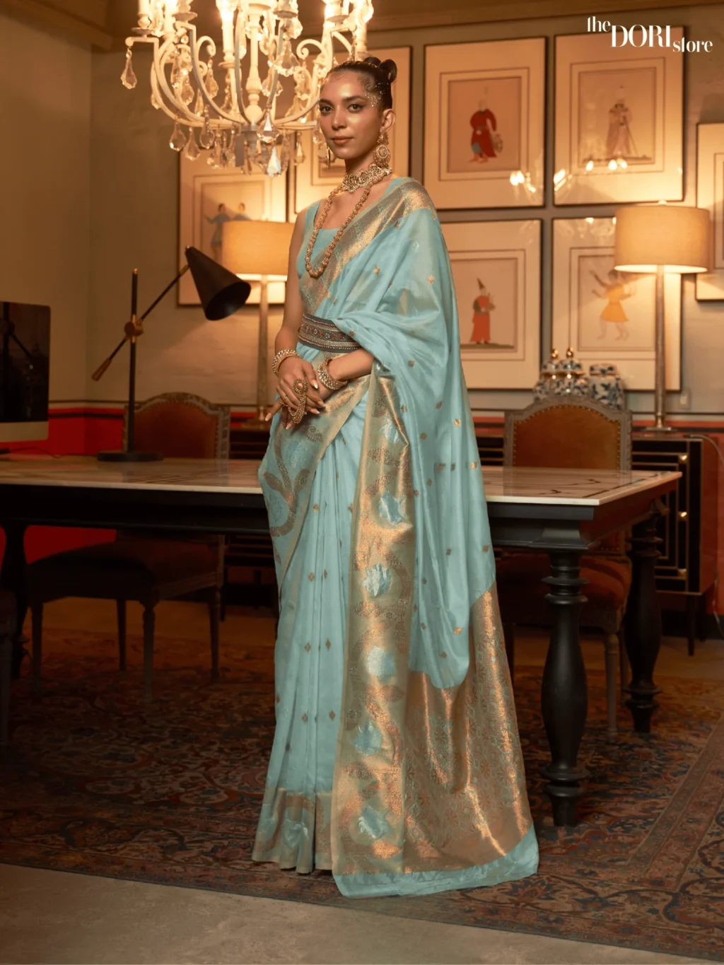 Light Blue Designer Copper Zari Woven Silk Saree - party wear saree
