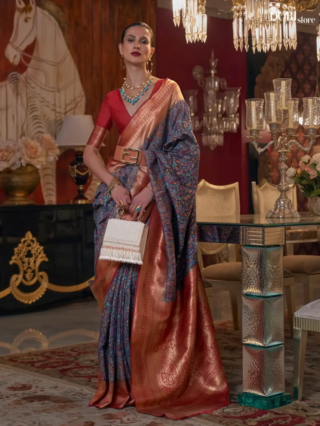 Royal Queen Blue and Red Kashmiri Jamewar Silk Saree - party wear saree