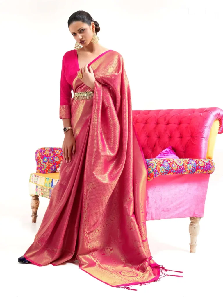 Royal Princess Pink Kanjeevaram Woven Silk Saree - party wear saree