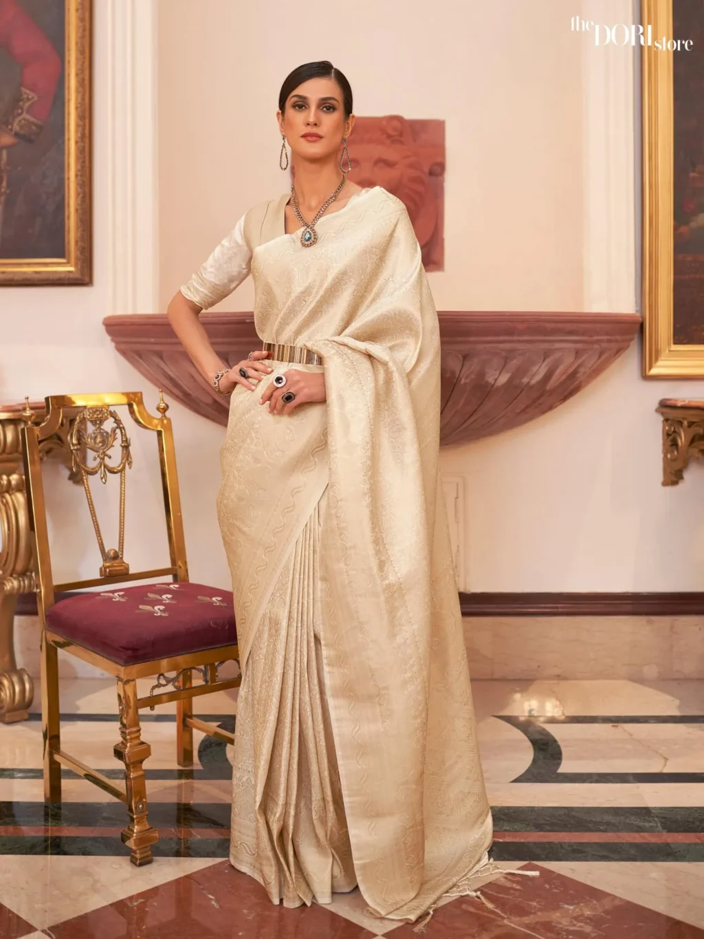 Golden Kanjeevaram Woven Silk Saree - party wear saree