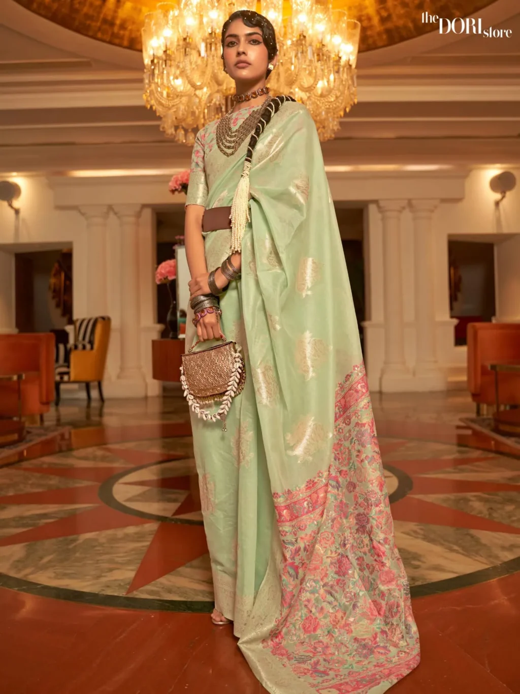 Pista Green Handloom Woven Silk Saree with Kashmiri Pallu - party wear saree