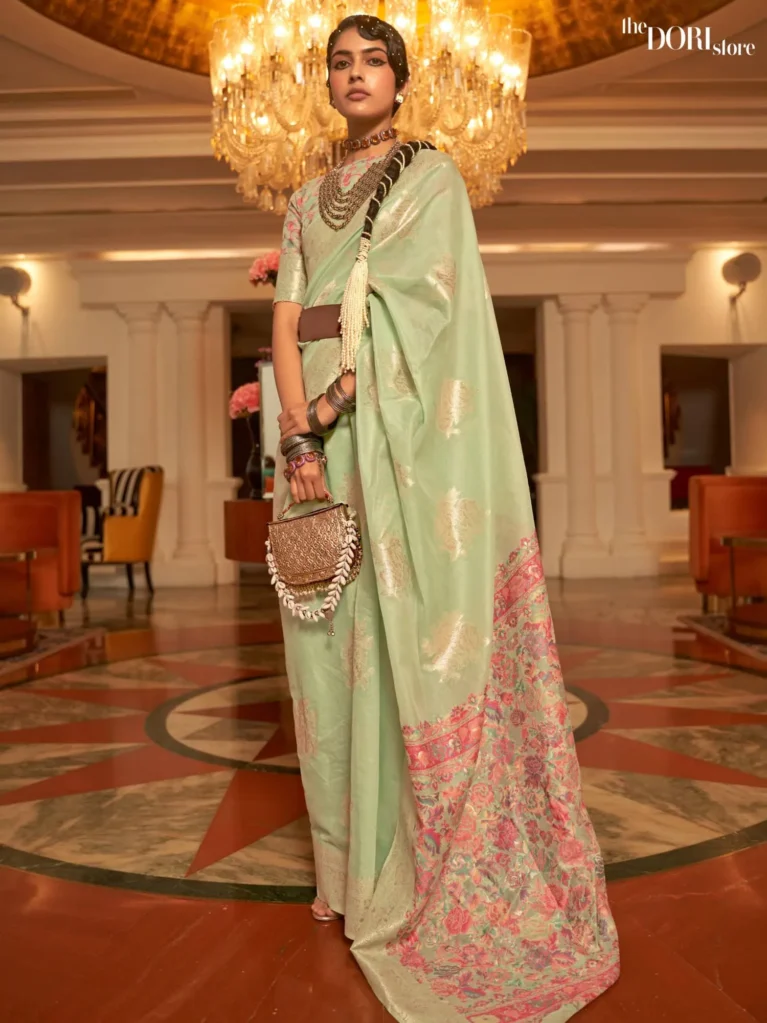 Pista Green Handloom Woven Silk Saree with Kashmiri Pallu - party wear saree