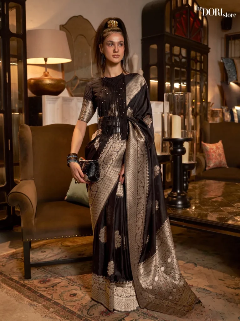 Ethnic Black Pure Khadi Georgette Woven Saree - party wear saree