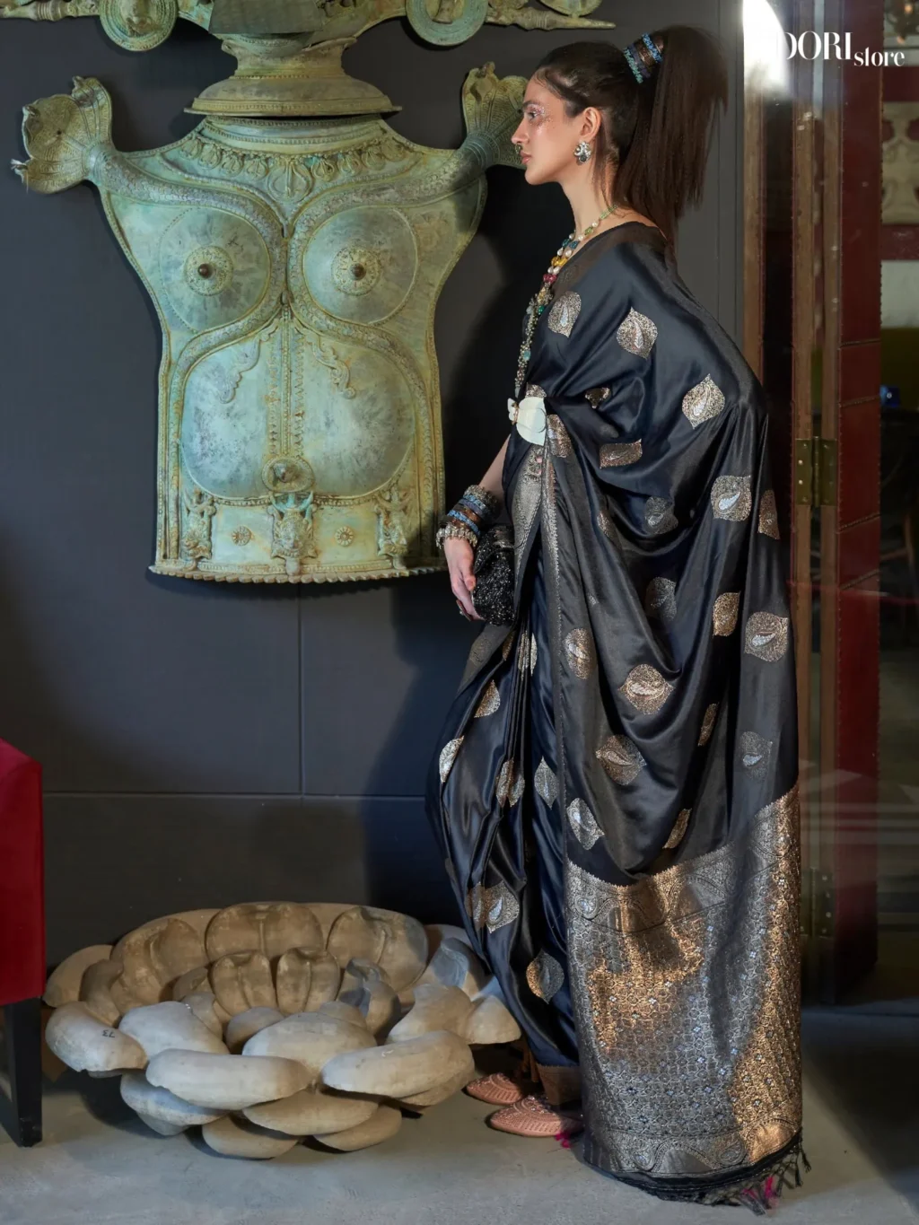 Elora Black Banarasi Satin Woven Silk Saree - party wear saree