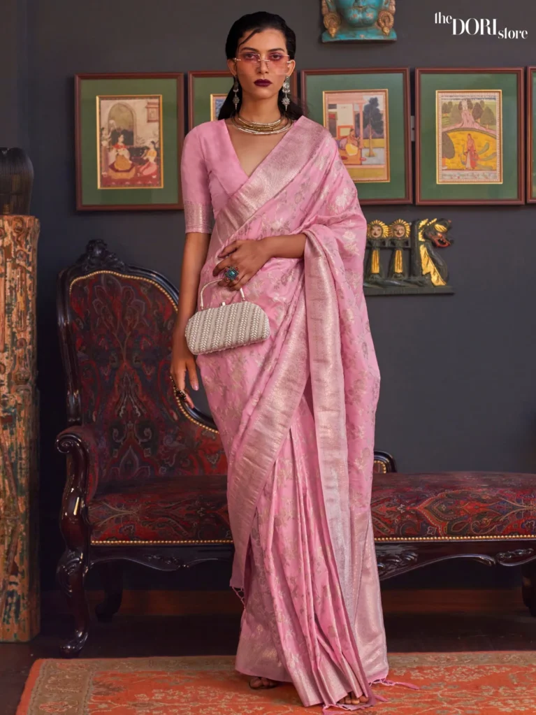 Traditional Pink Festive Wear Banarasi Katan Silk Woven Saree - party wear saree