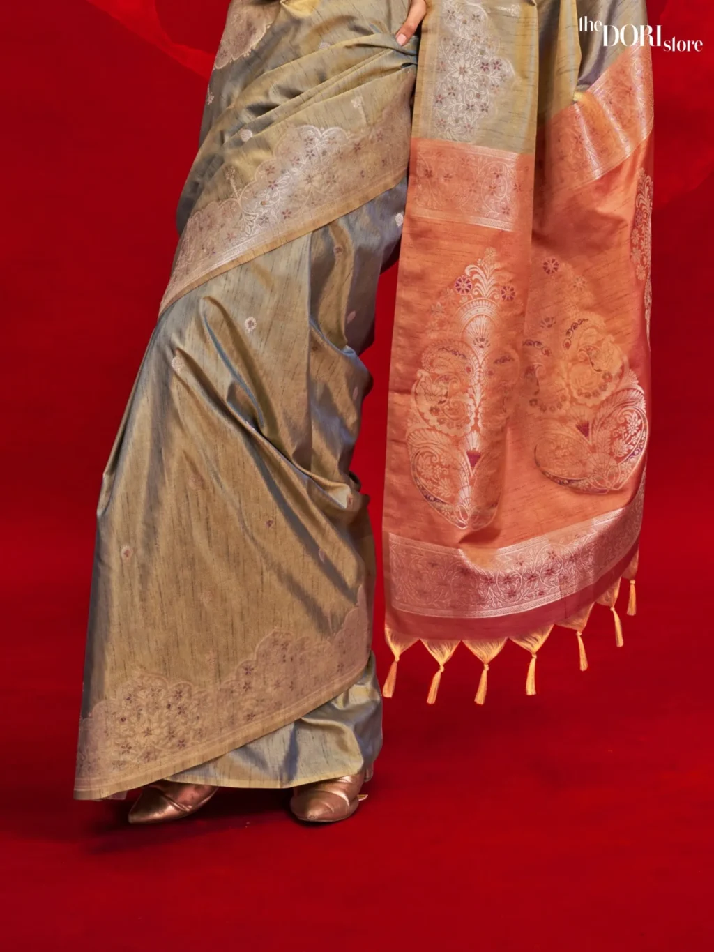 Slate Grey Tussar Banarasi Silk Saree - Image 3