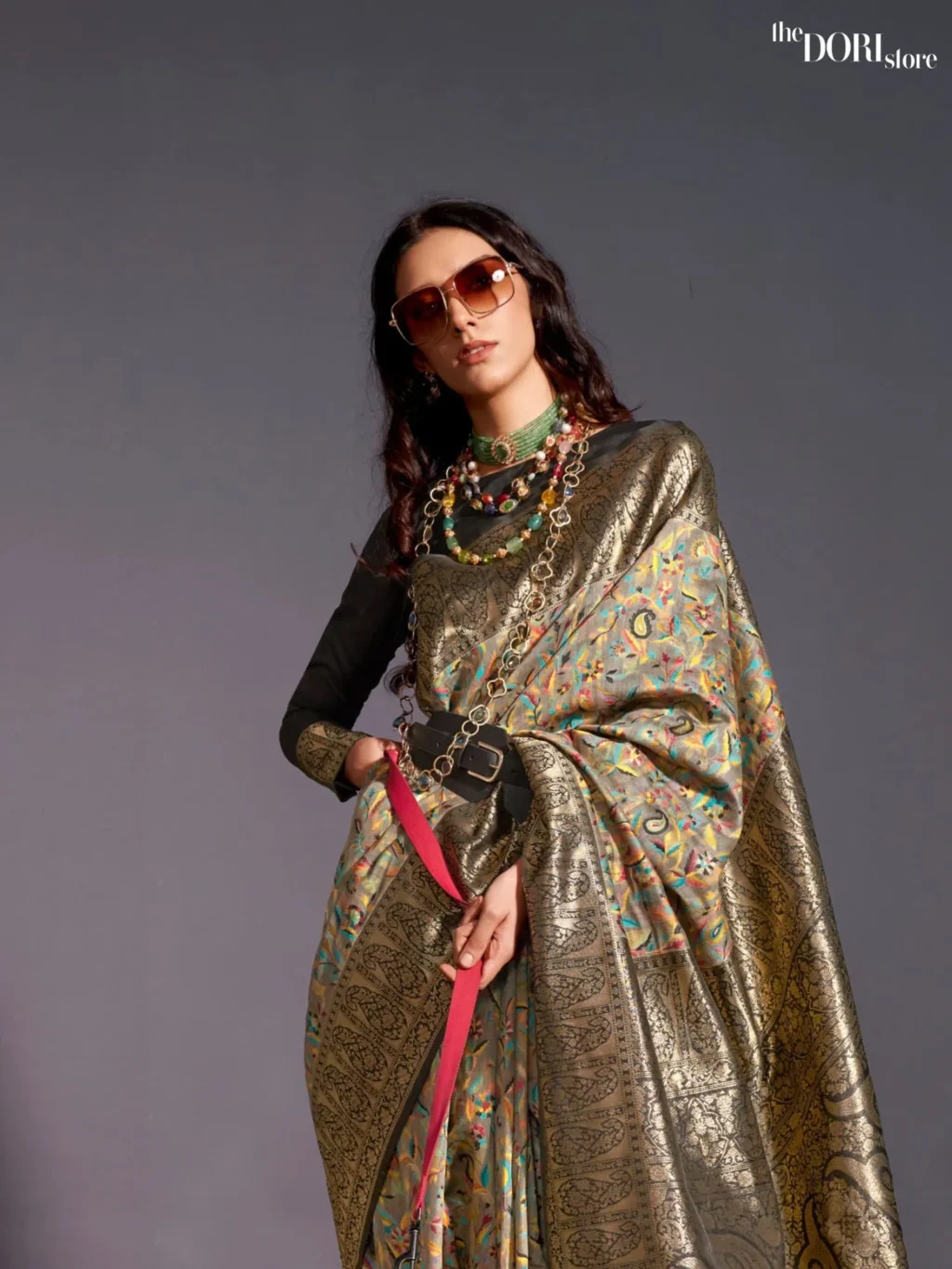 Greyish Black Modal Kashmiri Woven Silk Saree - Image 3