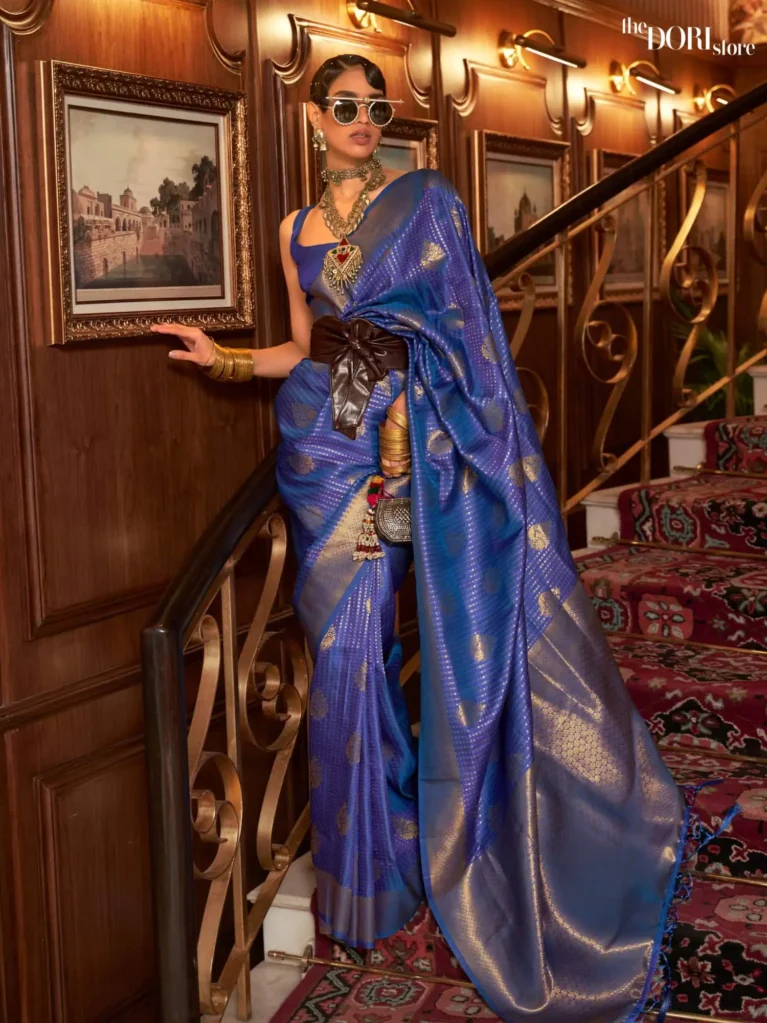 Royal Deep Blue Dual Tone Woven Kanjeevaram Silk Saree - party wear saree