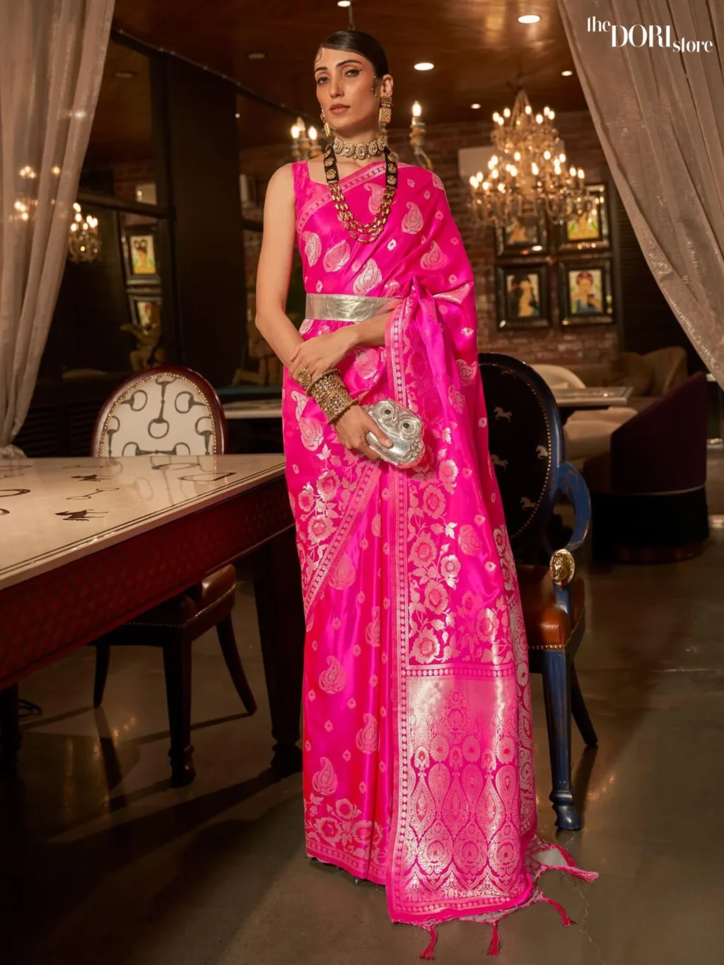 Queen Pink Designer Banarasi Satin Silk Saree - party wear saree