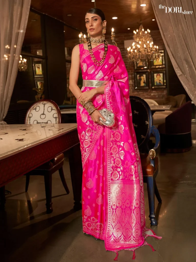 Queen Pink Designer Banarasi Satin Silk Saree - party wear saree