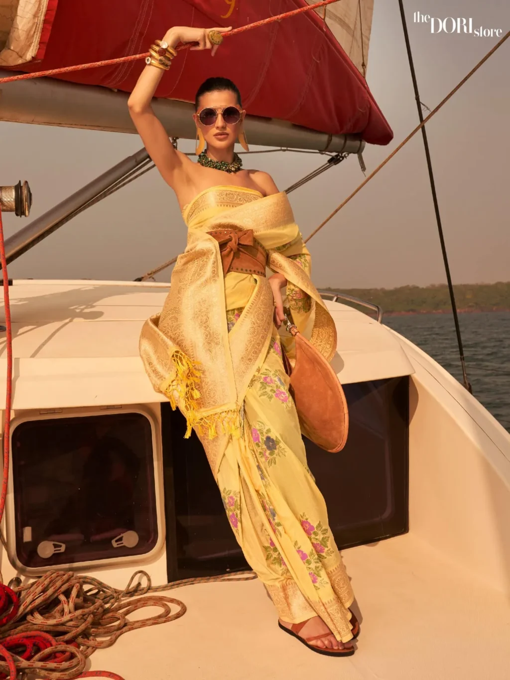 Glow Yellow Floral Print Chinon Silk Saree - party wear saree
