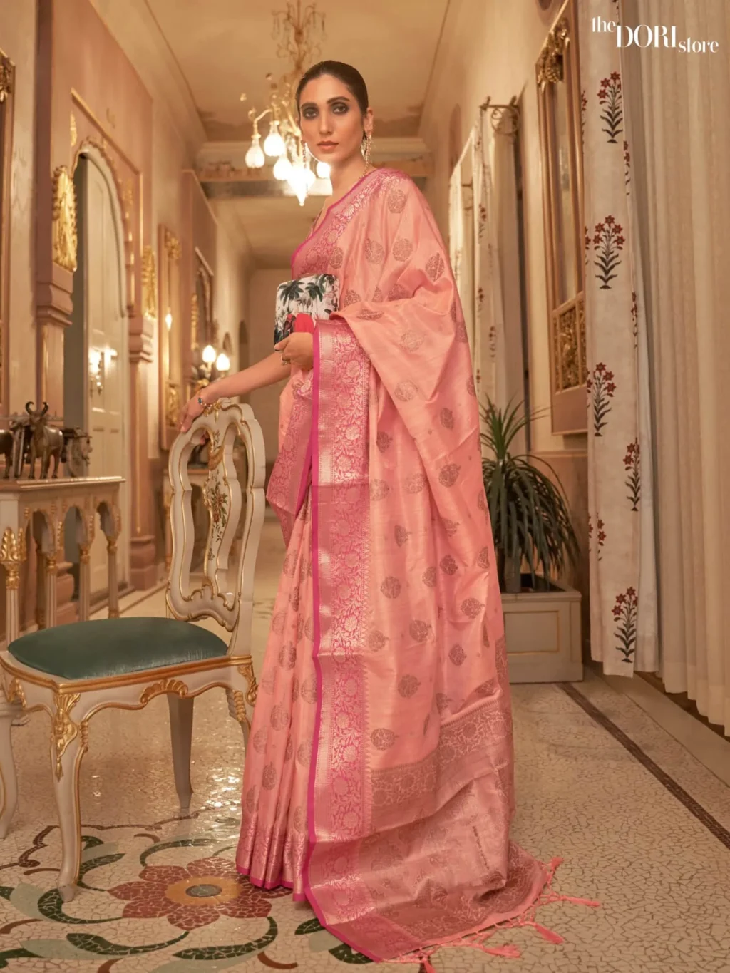 Peach Pink Floral Banarasi Handloom Woven Silk Saree - party wear saree