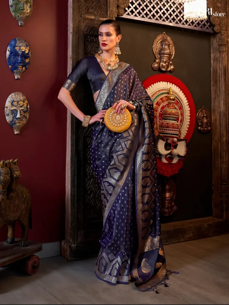 Royal Deep Blue Designer Pure Satin Silk Saree   - party wear saree