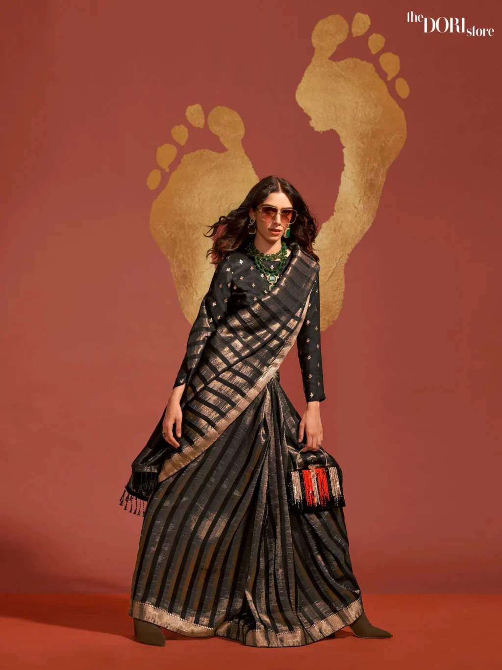 Jet Black and Gold Viscose Banarasi Silk Saree - party wear saree