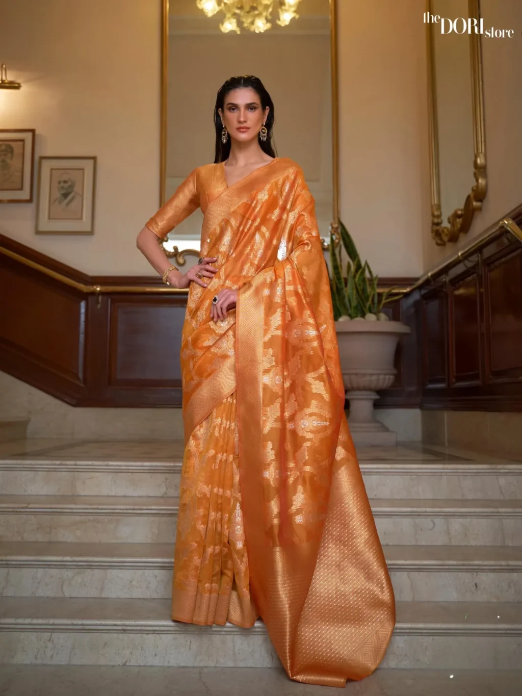 Golden Orange Designer Dual Tone Organza Silk Saree - party wear saree