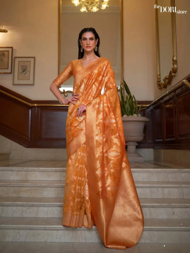 Golden Orange Designer Dual Tone Organza Silk Saree - party wear saree