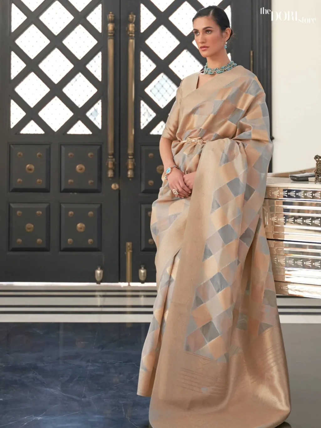 Greyish Golden Partywear Organza Silk Saree - party wear saree