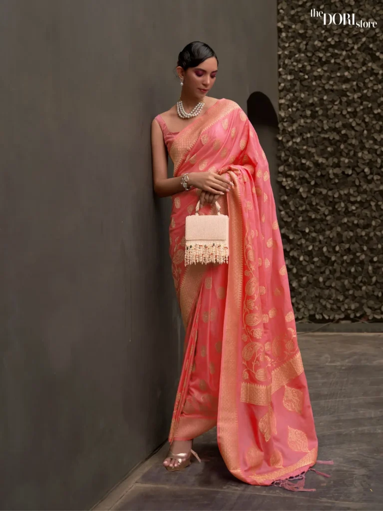 Festive Wear Peach PinkBanarasi Chinon Silk Saree - party wear saree