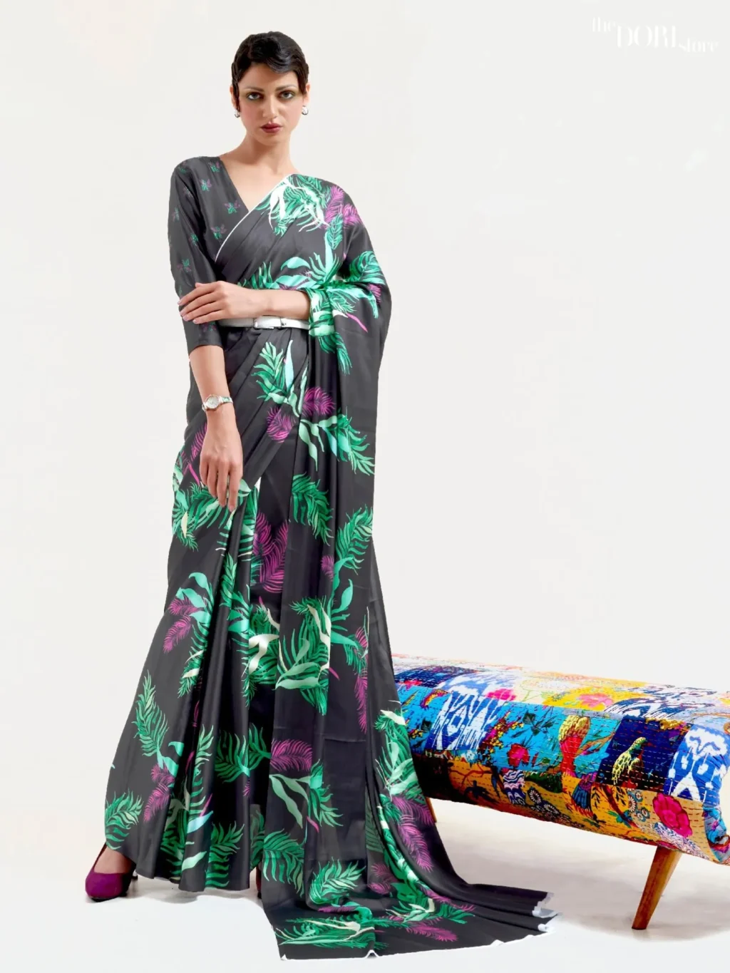 Greenish Black Digital Printed Soft Crepe Silk Saree - party wear saree