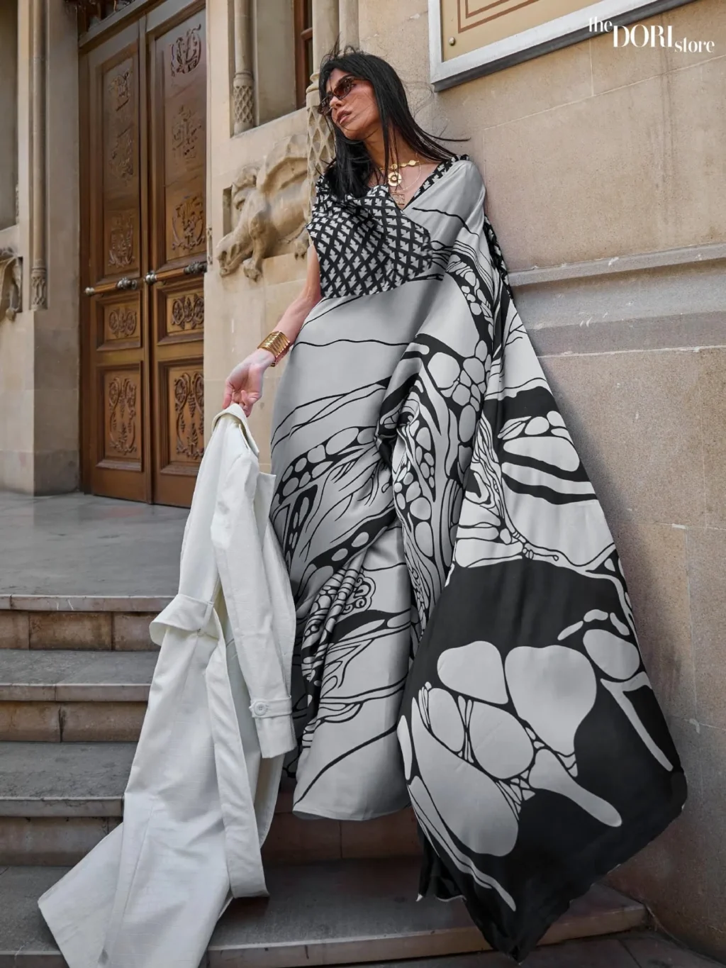 Steel Grey and Black Satin Crepe Digital Printed Saree - party wear saree