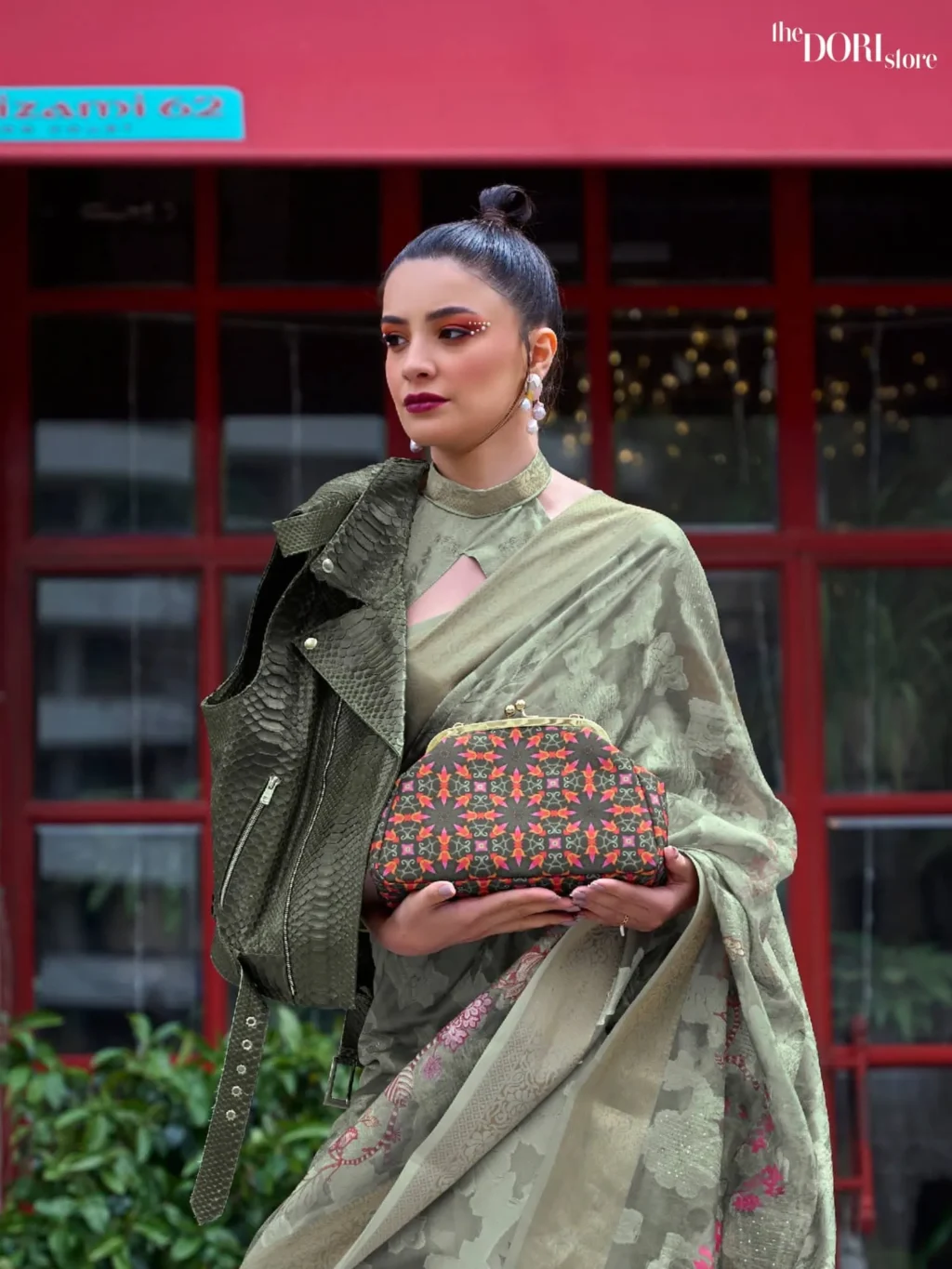 Olive Green Border Brasso Poly Printed Saree - Image 3