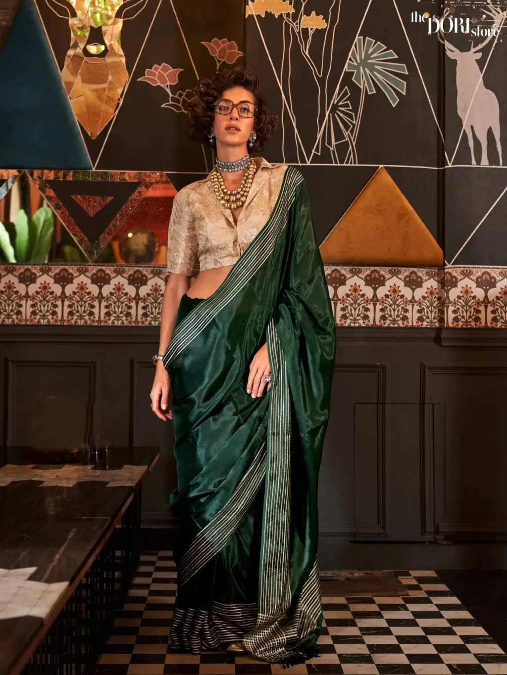 Dark Forest Green Pure Viscose Handloom Silk Saree with Contrast Blouse  - party wear saree