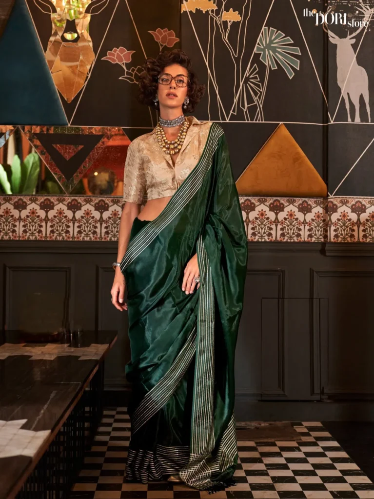 Dark Forest Green Pure Viscose Handloom Silk Saree with Contrast Blouse  - party wear saree