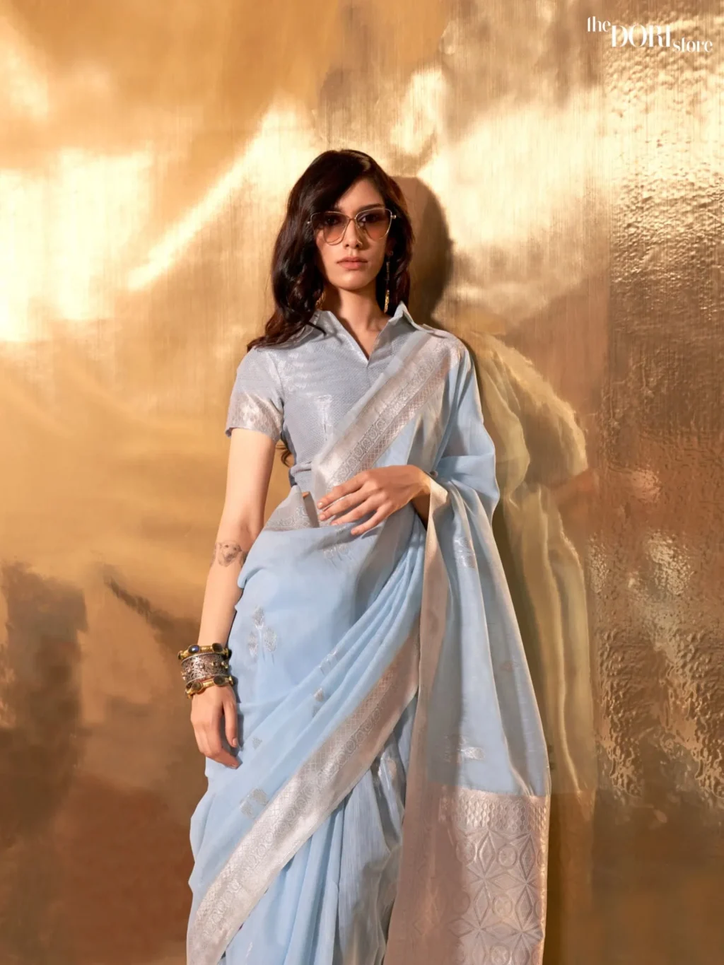 Pastel Blue Festive Woven Linen Silk Saree - Image 3