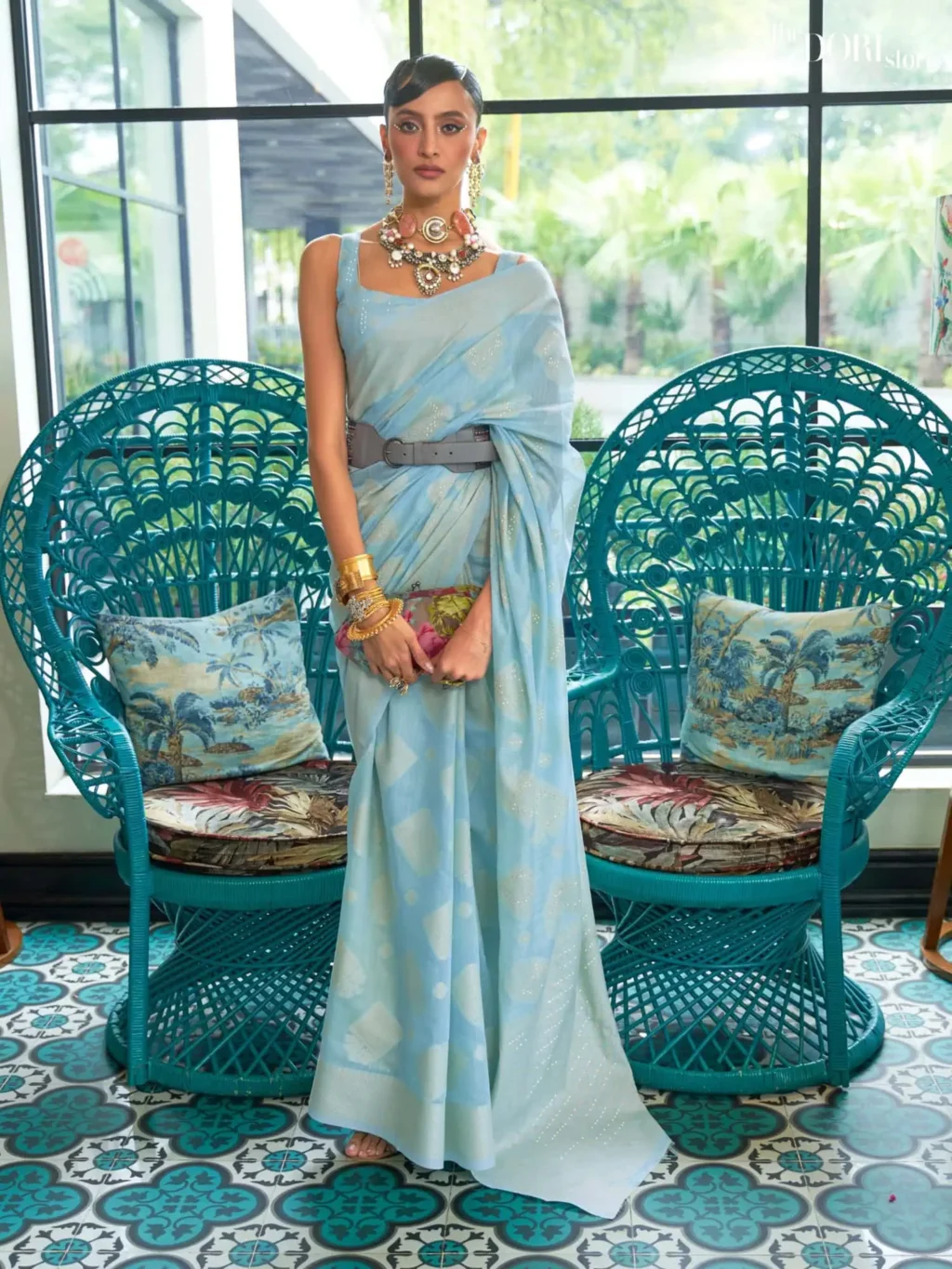 Light Blue Chickankari Lucknowi Banarasi Silk Saree - party wear saree