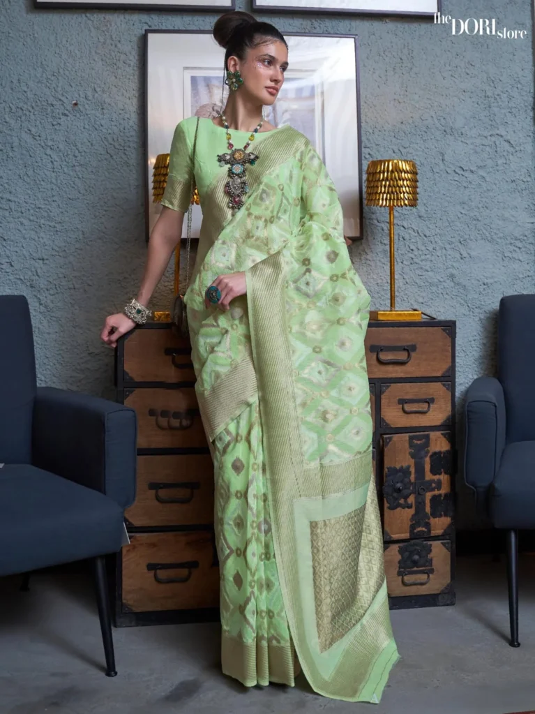 Ethnic Light Green Pure Linen Designer Handloom Woven Saree - party wear saree