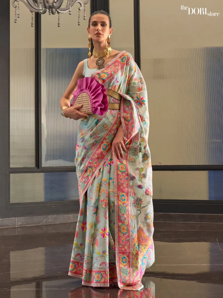 Ice Blue Kashmiri Floral Modal Handloom Silk Woven Saree - party wear saree