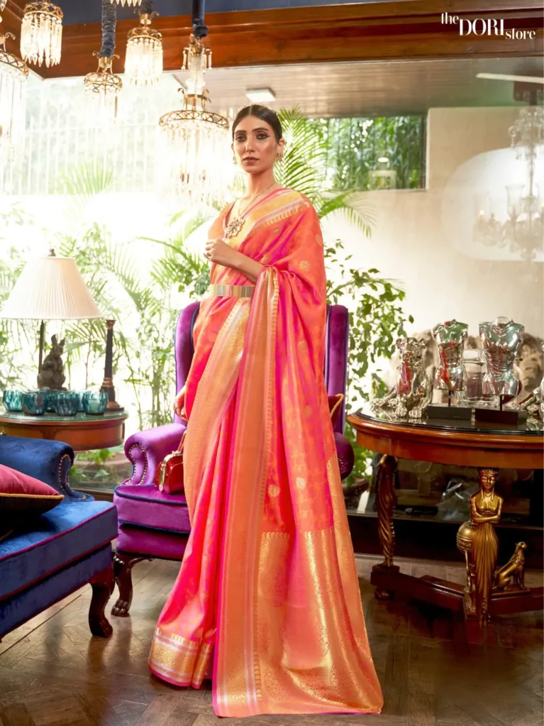 Ethic Dual Tone Peach Pink Banarasi Soft Silk Saree - party wear saree
