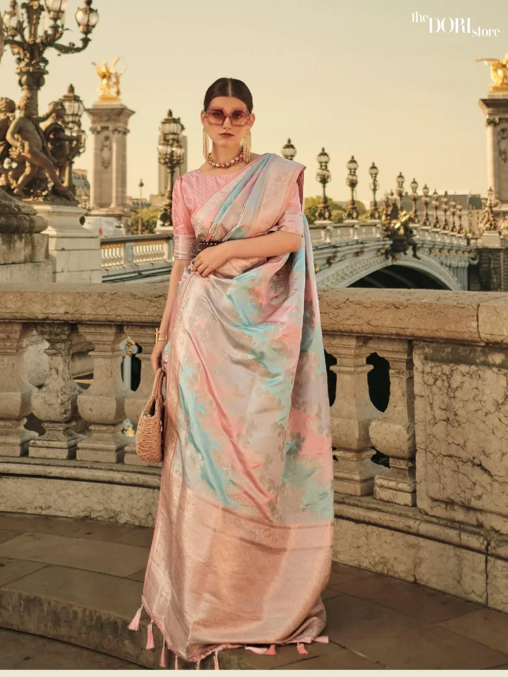 Peach and Blue Rangkat Zari Satin Woven Silk Saree - party wear saree
