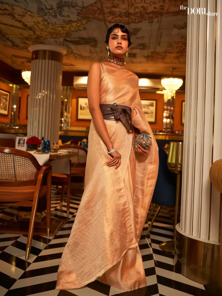 Partywear Golden Beige Dual Tone Kanjeevaram Silk Saree - party wear saree