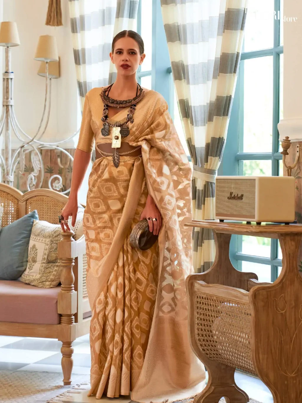 Golden Beige Tissue Woven Silk Saree - party wear saree