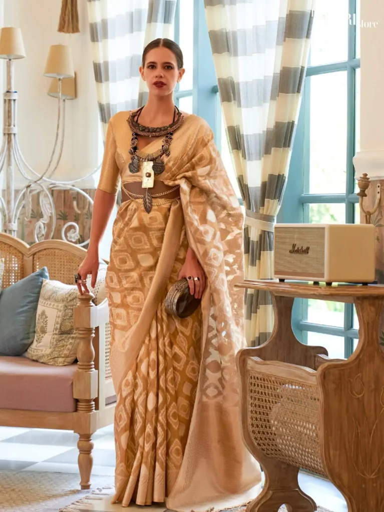 Golden Beige Tissue Woven Silk Saree - party wear saree