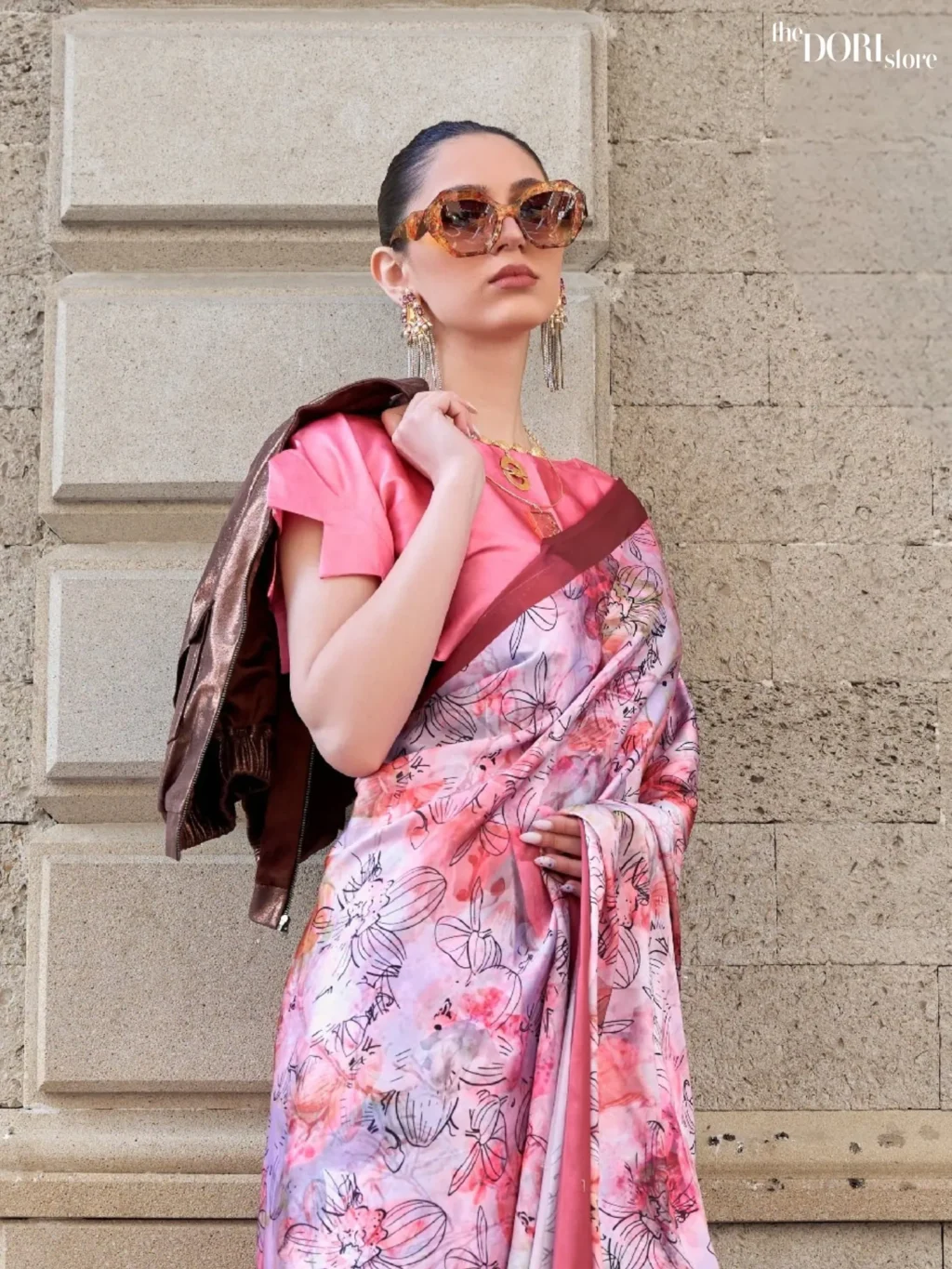 Pink and Lavender Digital Print Satin Crepe Silk Saree - Image 3