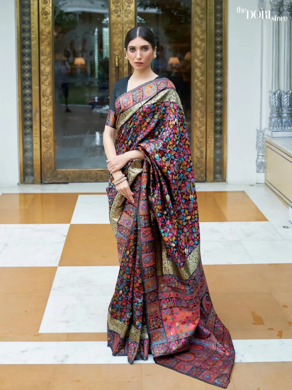 Royal Ember Black Multicolor Kashmiri Woven Silk Saree - party wear saree