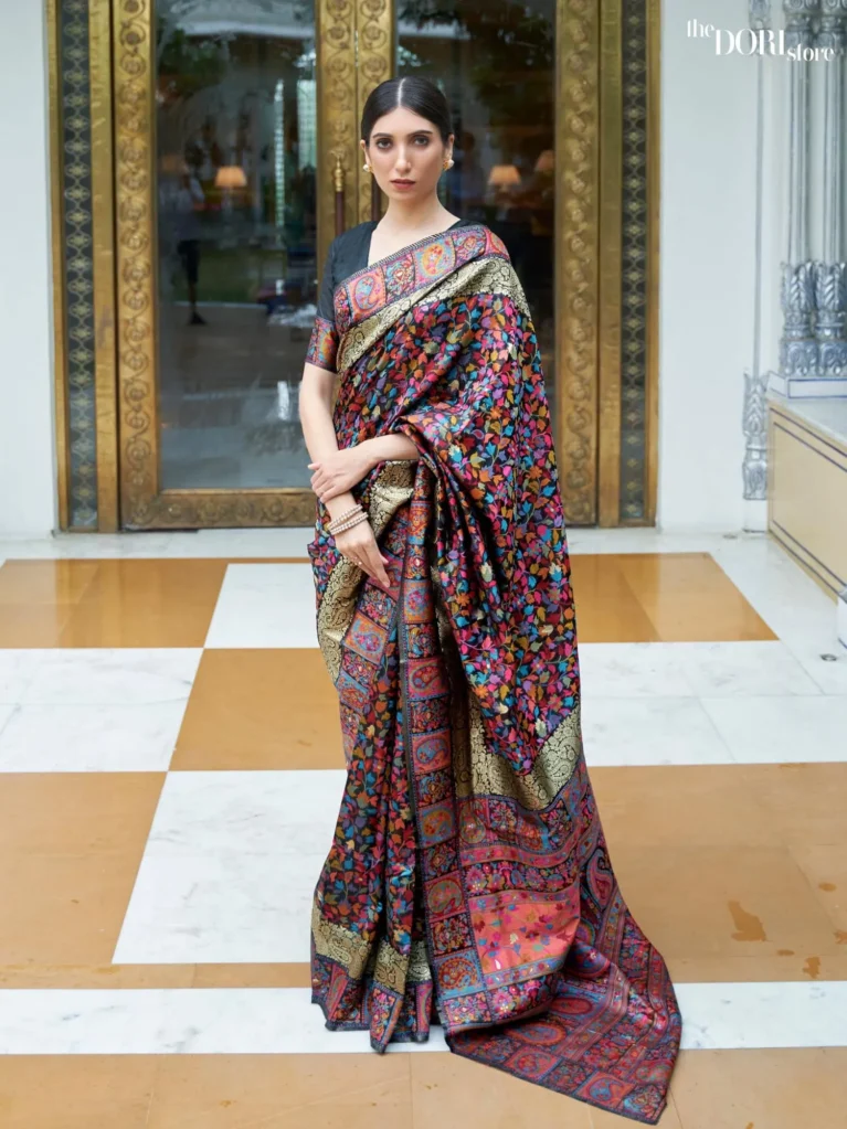 Royal Ember Black Multicolor Kashmiri Woven Silk Saree - party wear saree