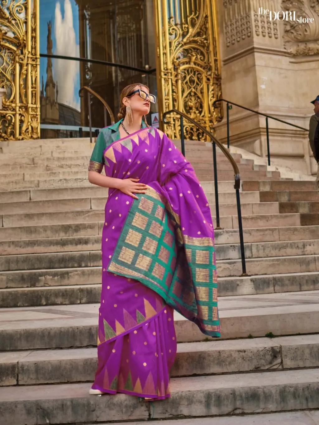 Royal Purple Handloom Khadi Silk Saree with Contrast Blouse  - party wear saree